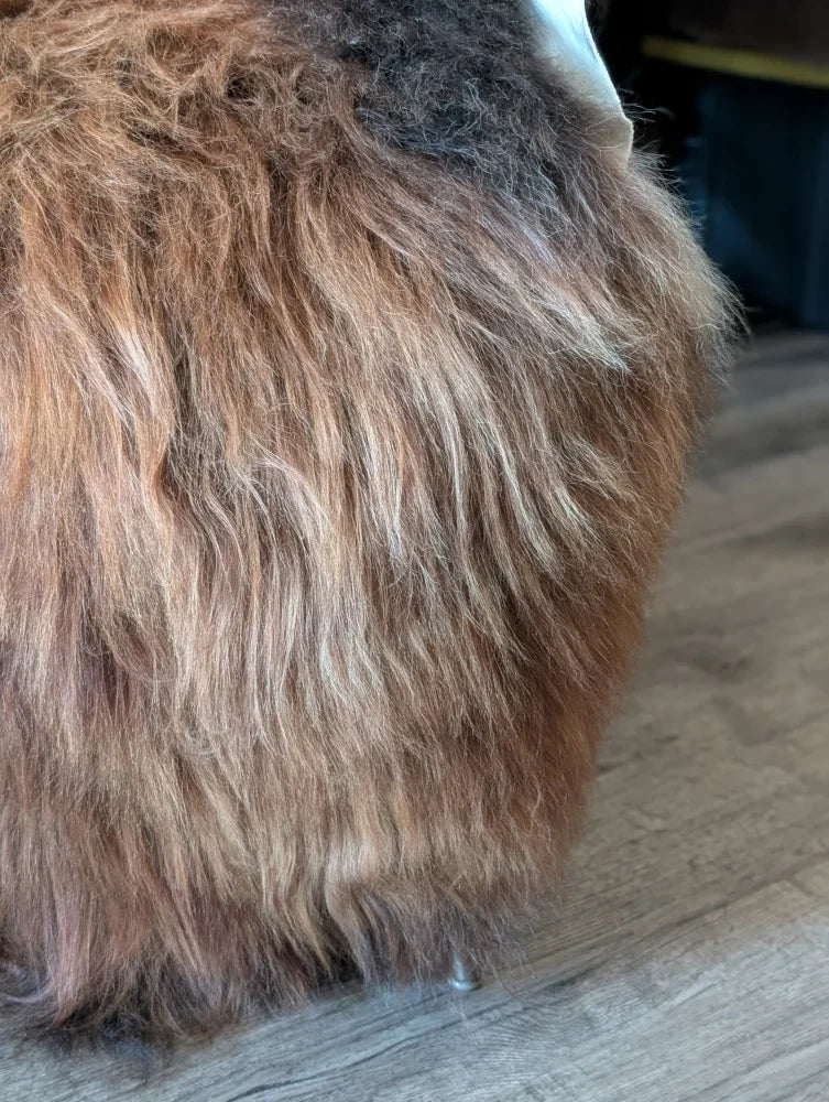 A plush long-haired brown and beige wool icelandic sheepskin throw with soft shaggy texture for cozy use