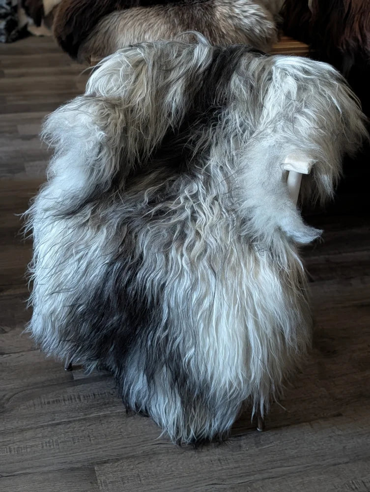 A plush shaggy gray and black faux fur chair with long wool icelandic textured curly coat for cozy seating