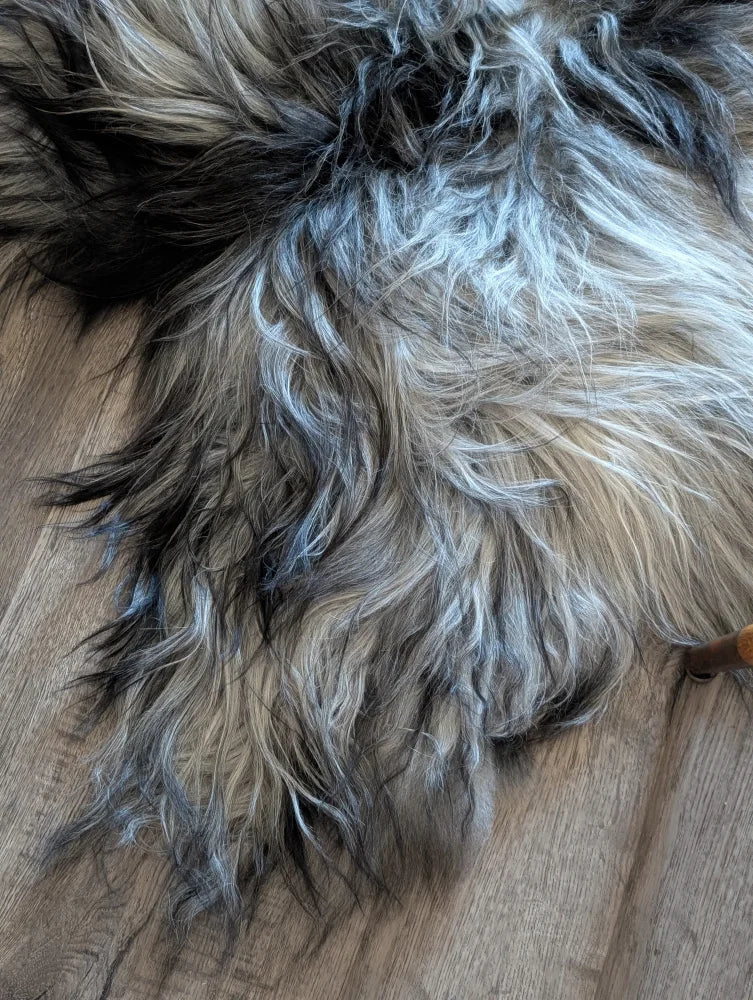 A plush fall4 58 x 40 icelandic sheepskin rug with long wool icelandic natural grey in dark gray and beige tones