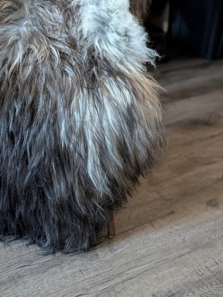 A fluffy long-haired dog stands on a wooden floor next to a natural grey wool icelandic sheepskin rug