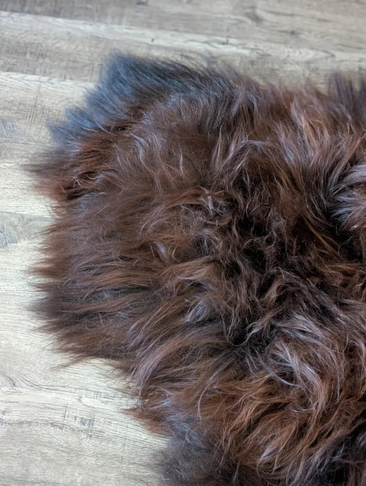 A plush shaggy brown wool icelandic sheepskin rug with natural shade variations and soft textured surface