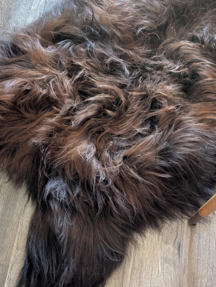 A plush shaggy brown and black icelandic sheepskin rug with natural edge perfect for cozy decor