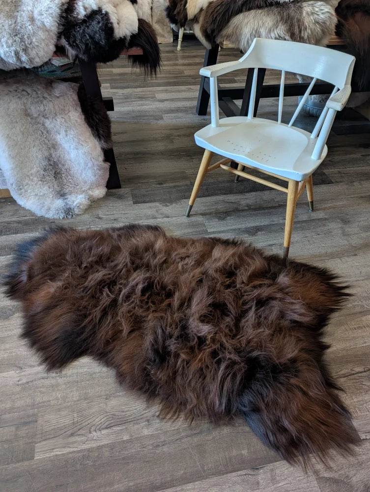 A plush irregular brown icelandic sheepskin rug with thick natural wool icelandic fur texture 59 by 33 inches