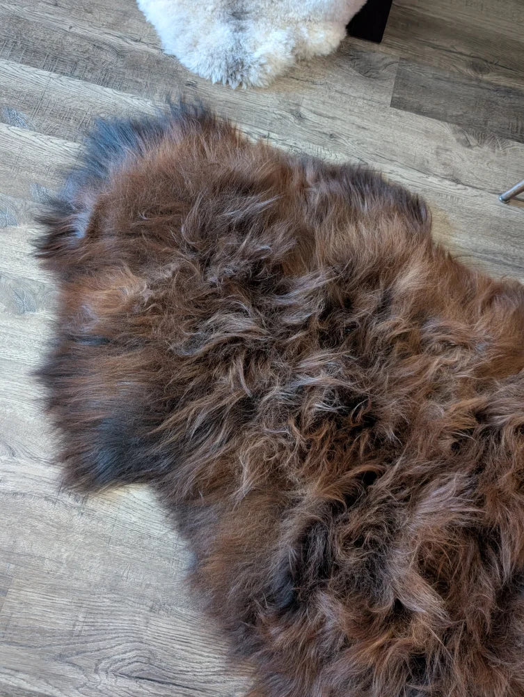 A plush irregular dark rusty icelandic sheepskin rug with soft wool icelandic texture and natural shade variations