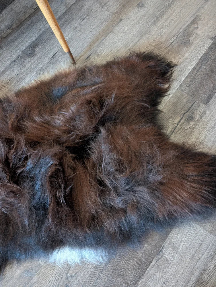 A plush irregular dark rusty icelandic sheepskin rug with soft shaggy wool icelandic fur on wooden floor