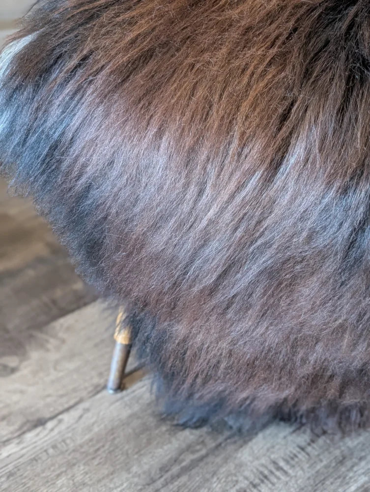 A plush fall9 54 x 33 chair with gradient brown and gray wool icelandic sheepskin and sleek metallic leg