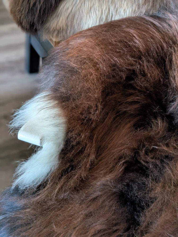 A plush brown faux fur tail with a white tip on a massive natural dark rusty icelandic sheepskin wool icelandic rug