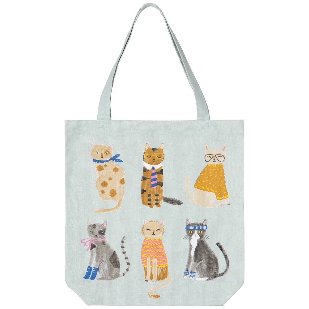 Light blue canvas feline fine tote bag from angus oliver canada with six cartoon cats in cozy outfits design