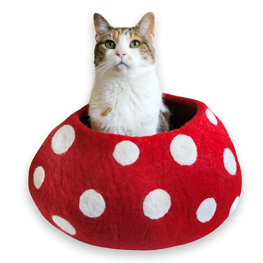 Cozy red felt wool cat cave shaped like a mushroom with white polka dots perfect for friendsheep eco kitty caves
