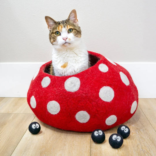 Red felt wool mushroom cat bed with white polka dots eco kitty cave perfect for cozy kitty naps