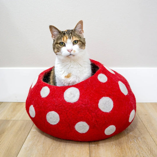 Red felt wool cat cave shaped like a mushroom with white polka dots eco kitty friendsheep eco kitty cave