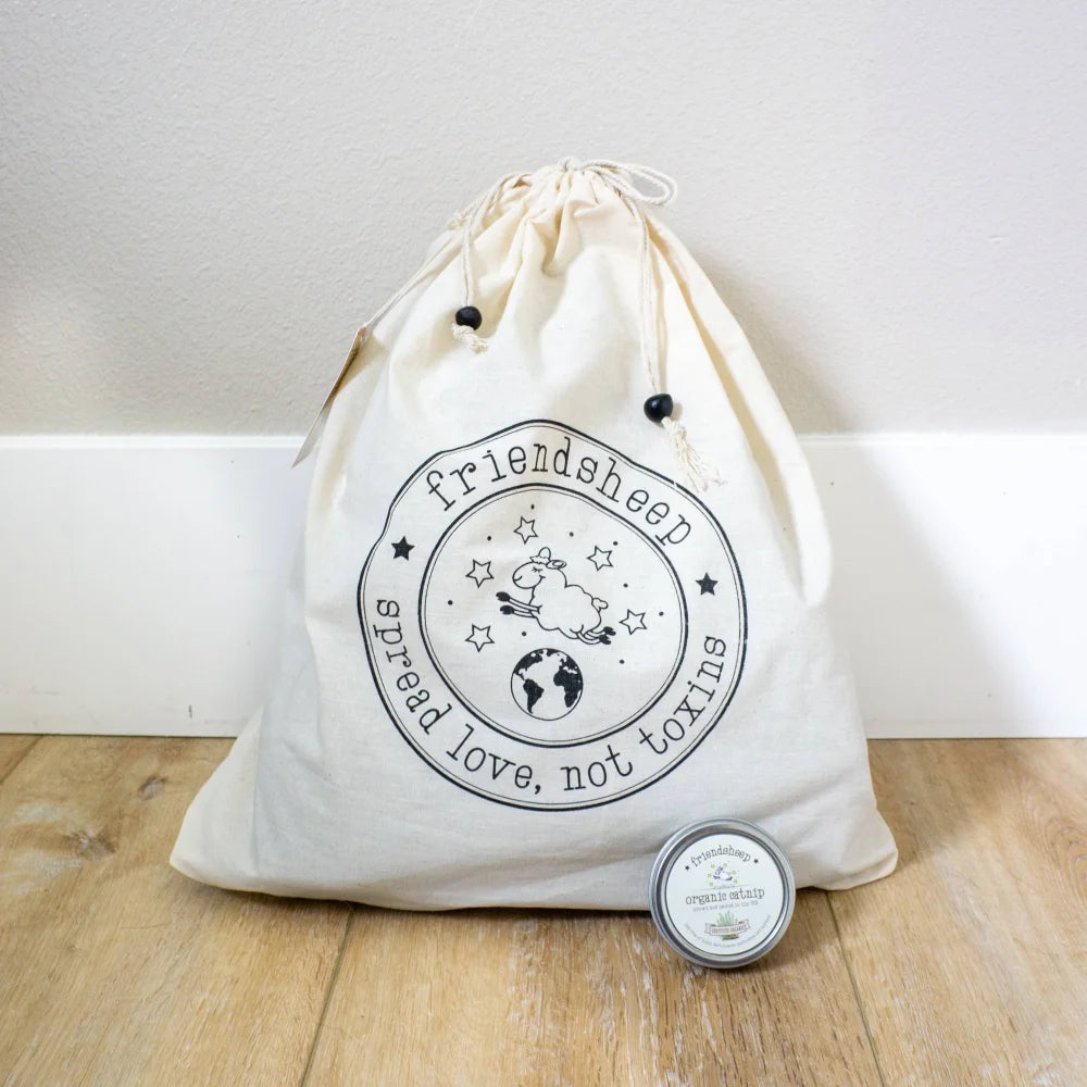 Cream cotton drawstring bag with friendsheep eco kitty logo for felt wool cat cave yellow gold mushroom eco kitty caves