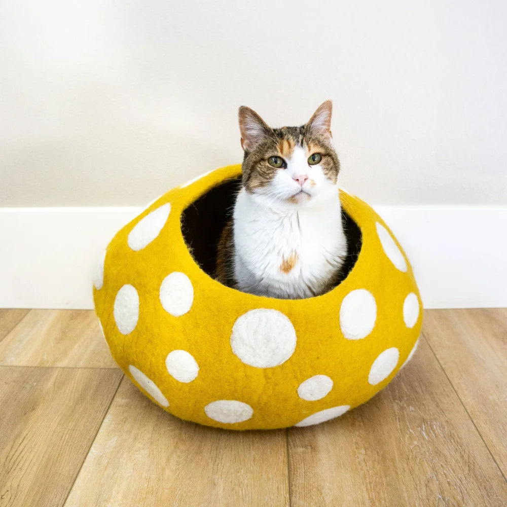 Yellow felt wool mushroom-shaped eco kitty cave with white polka dots friendsheep eco kitty bed