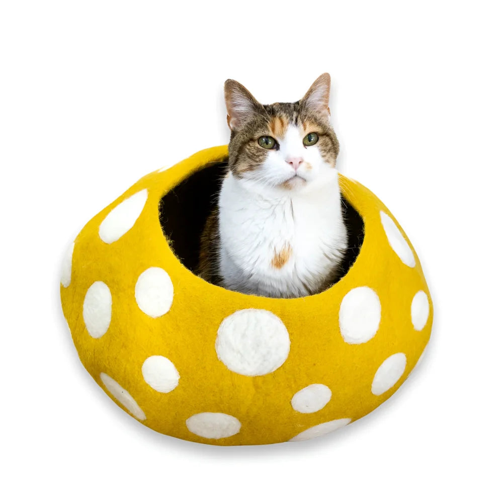 Yellow gold mushroom eco kitty cave made of felt wool with white polka dots friendsheep eco kitty bed