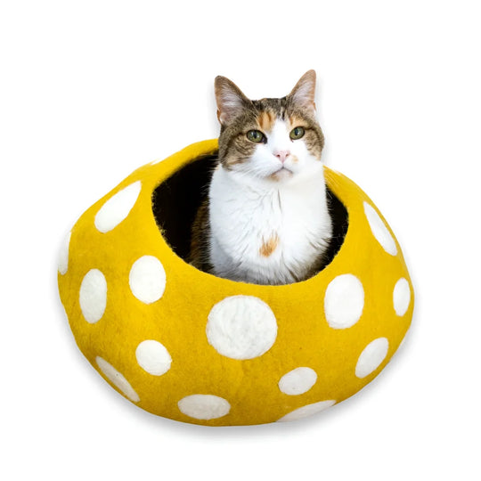 Yellow gold mushroom eco kitty cave made of felt wool with white polka dots friendsheep eco kitty bed