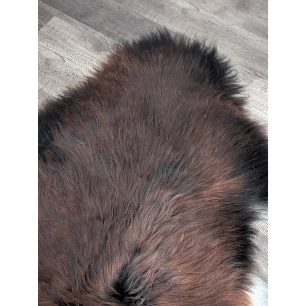 Gorgeous Angus Oliver Icelandic sheepskin rug, brown fur with black accents, 56x33 inches