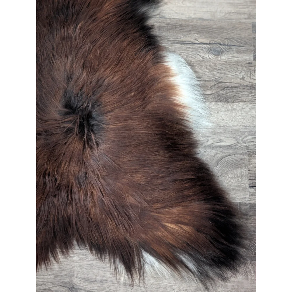 Brown fluffy faux fur icelandic sheepskin rug by Angus Oliver, 56x33