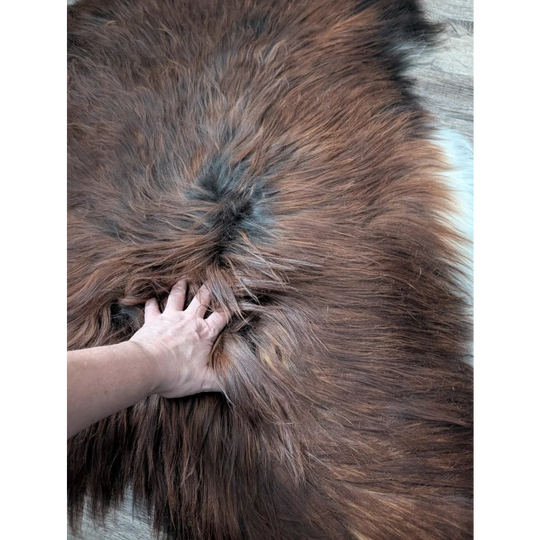 Brown fluffy faux fur Icelandic sheepskin rug by Angus Oliver, 56x33 plush throw