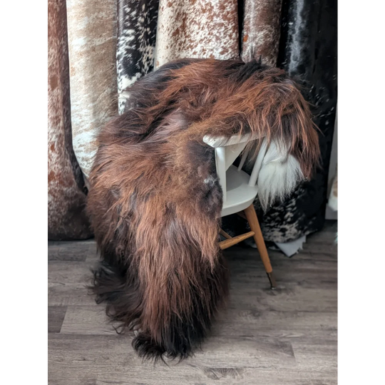 Gorgeous 66x36 Icelandic sheepskin rug by Angus Oliver, brown fur with accents