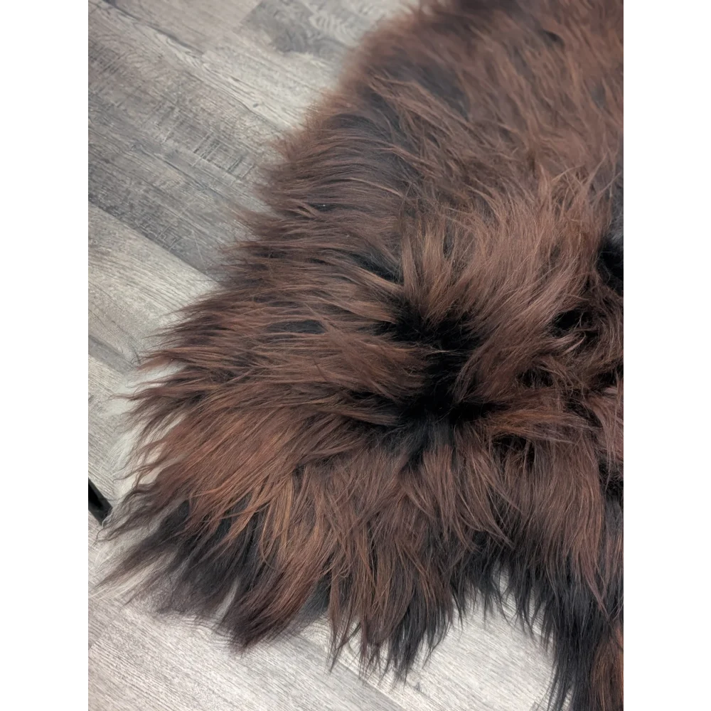 Gorgeous 66x36 Icelandic sheepskin rug by Angus Oliver, brown fluffy faux fur with black accents