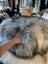 Fluffy grey Icelandic sheepskin floor pouf throw blanket