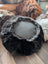 Black Icelandic sheepskin floor pouf with faux fur top
