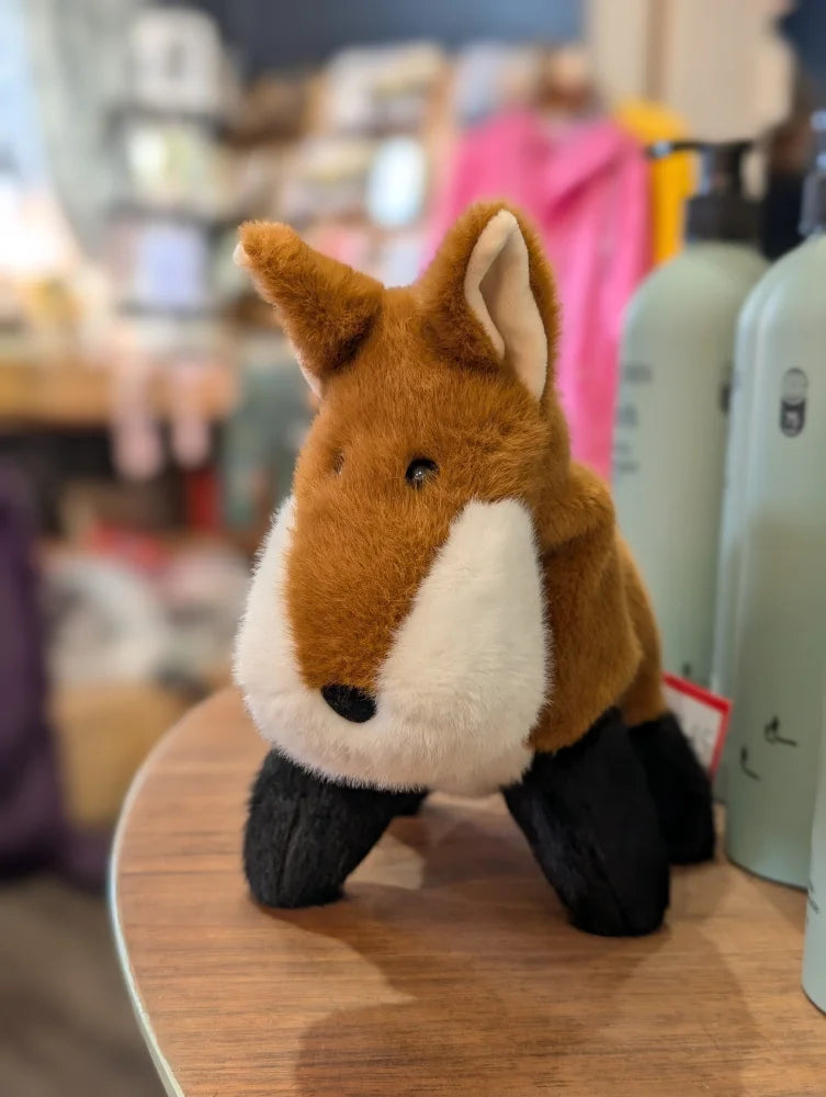 Frank the fox plush stuffed animal with brown body white chest and black paws soft fur perfect dachshund toy