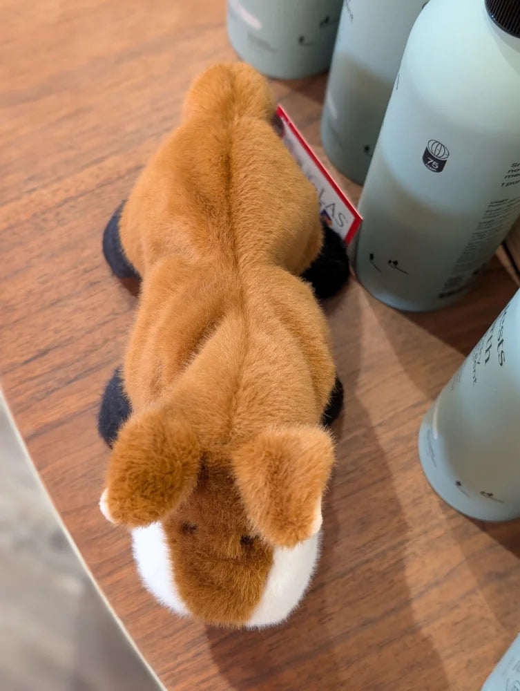 Frank the fox plush stuffed animal with soft orange-brown fur, white paws and belly, perfect dachshund toy alternative