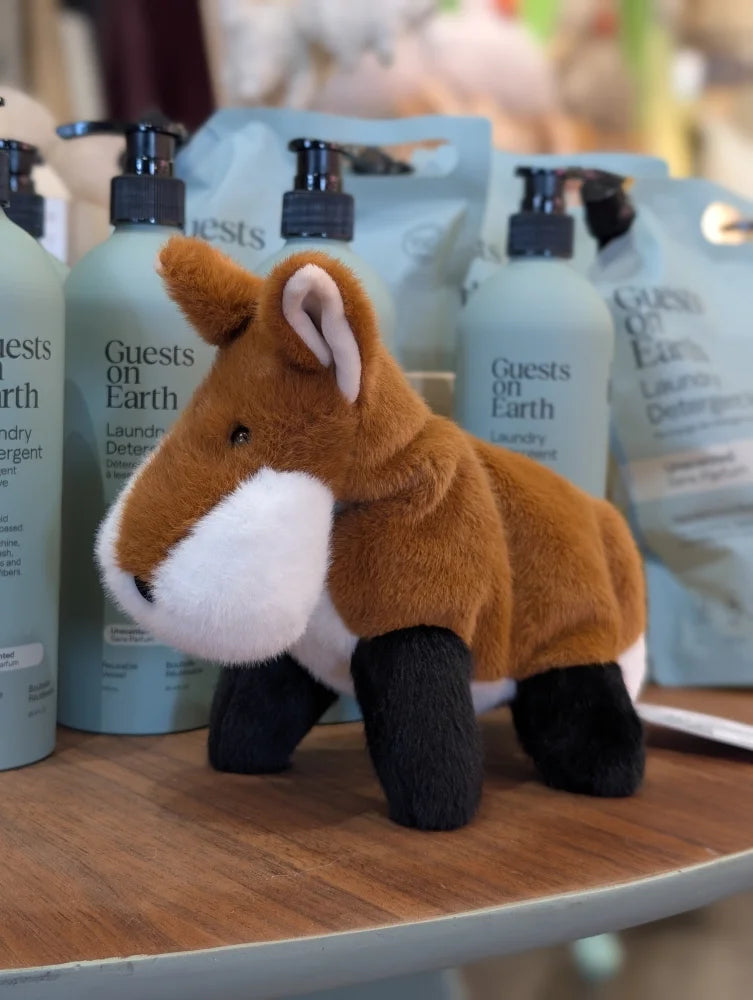 Frank the fox plush stuffed animal with brown fur white chest black paws and pink ears, perfect dachshund toy gift