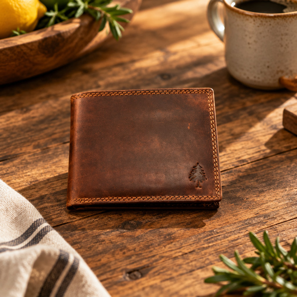 Brown leather wallet with visible stitching and tree emblem featuring latest rfid technology free with $160 spend