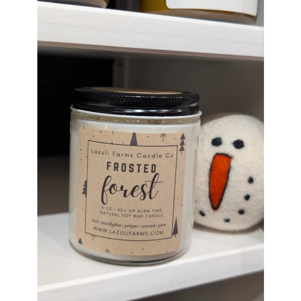 Frosted Forest Candle in 8 oz natural soy wax jar with pine label