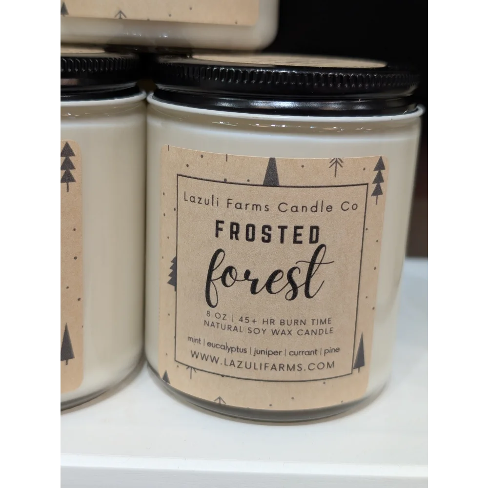 Frosted Forest Candle in natural soy wax with pine trees label