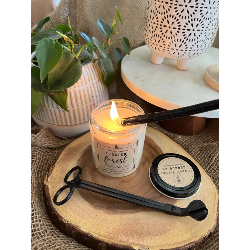 Frosted forest candle in white jar with black lid, natural soy wax