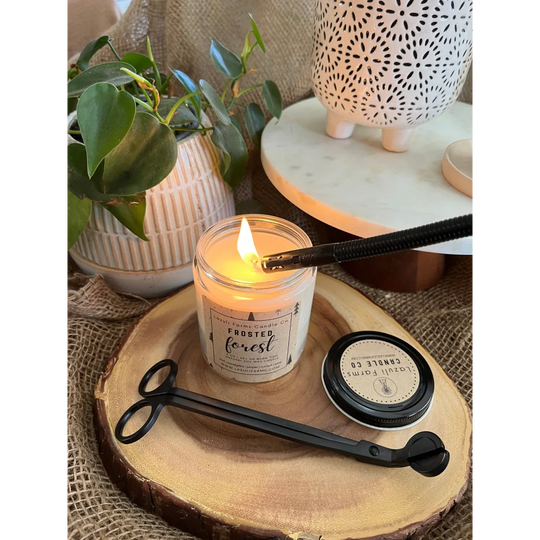 Frosted forest candle in white jar with black lid, natural soy wax