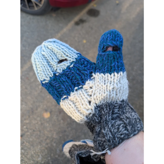 Blue, white, gray striped Zealan Wool Collingwood Texting Mittens with clever flip-back thumb