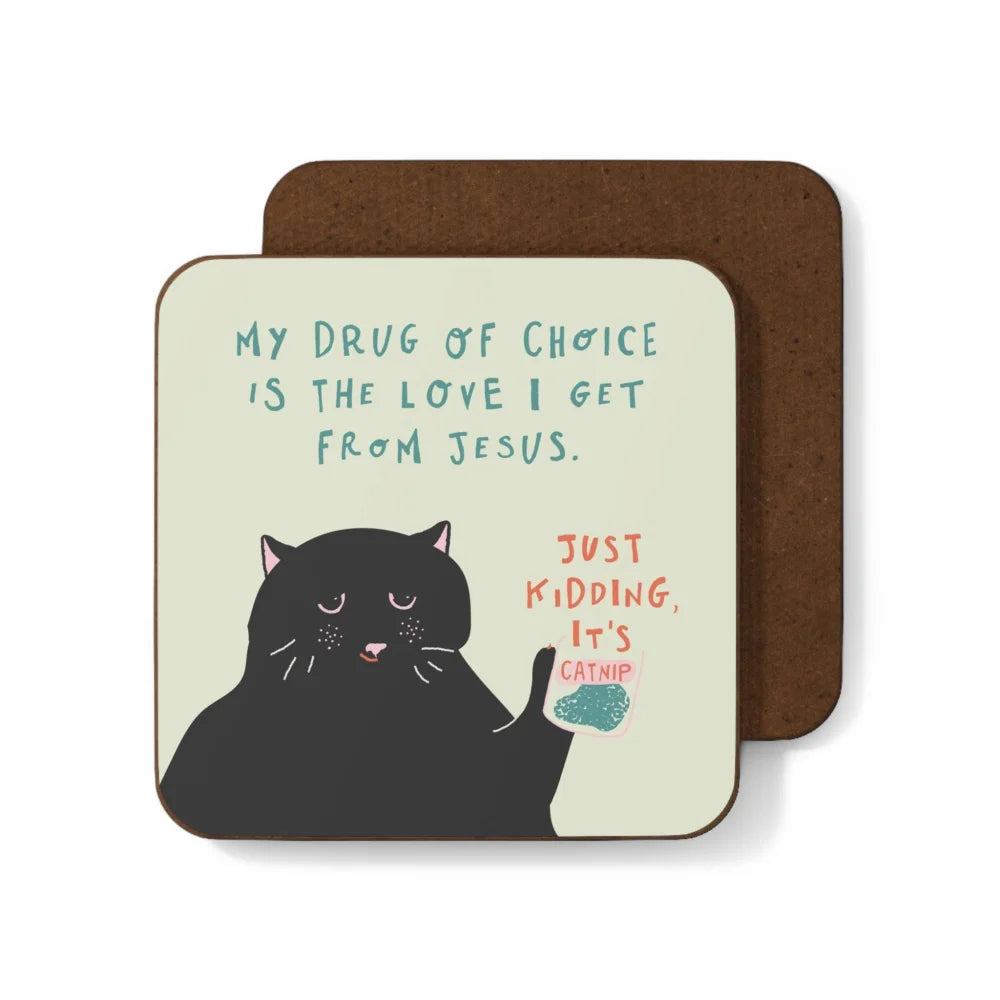 Funny black cat coaster with humorous text on angus oliver sheepskin rug