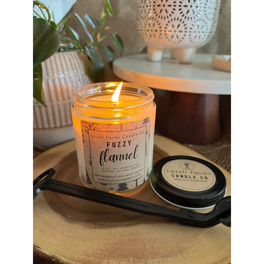 Fuzzy flannel candle in clear glass jar with natural soy wax