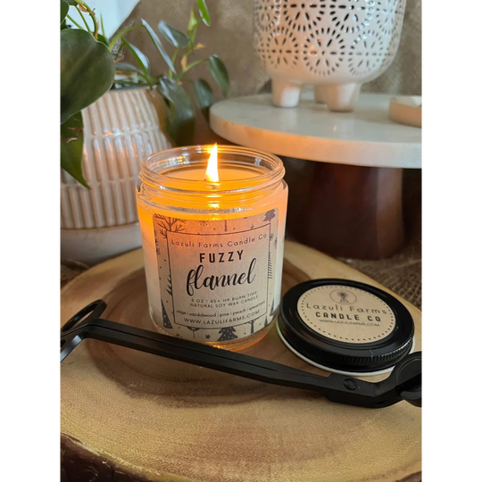 Fuzzy flannel candle jar with black lid and tree label