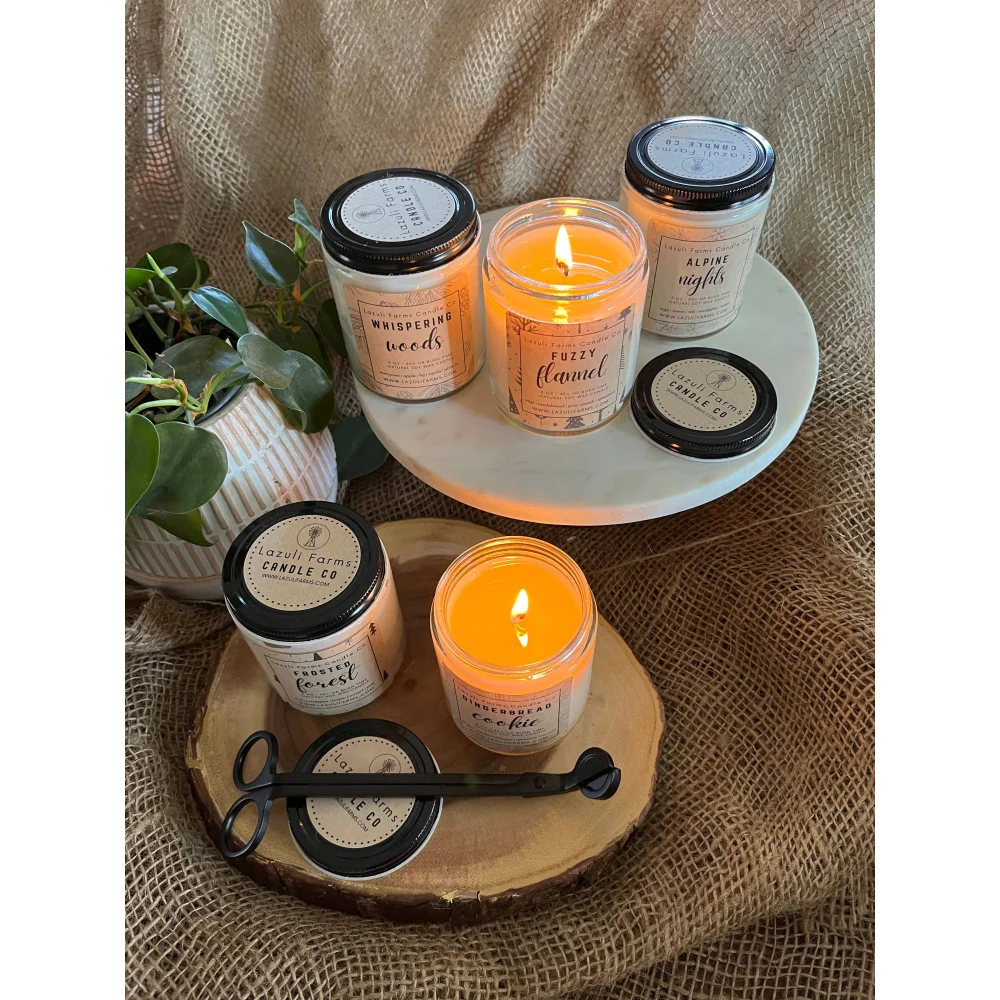 Fuzzy flannel candle set on wooden tray with white plates and scented soy wax jars