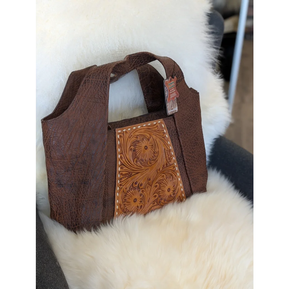 Brown genuine leather women bag with hand tooled tan floral panel and stitched edges made from vegetable tanned cowhide