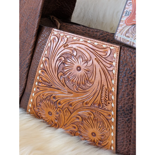 Tan genuine leather women bag with hand tooled floral design and diamond stitched edges in vegetable tanned cowhide