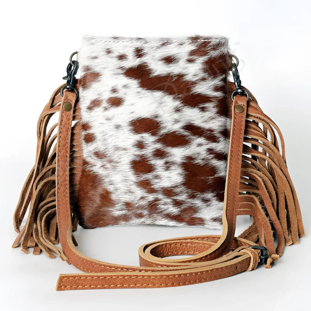 Brown white cowhide LC-ADBGS153 Chaps bag with tan fringe by American Darling