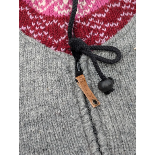 Gray and pink fair isle wave cardigan in zealand wool with black drawstring