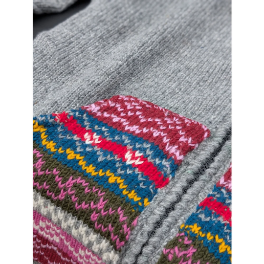Grey fair isle sweater with colorful patterned hood in zealand wool wave cardigan