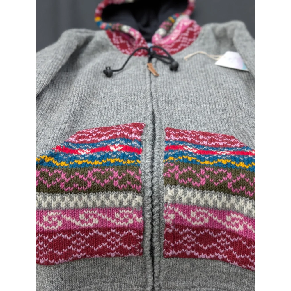 Gray zip-up wave cardigan hoodie in colorful Zealand wool patchwork