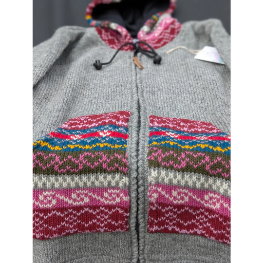 Gray zip-up wave cardigan hoodie in colorful Zealand wool patchwork