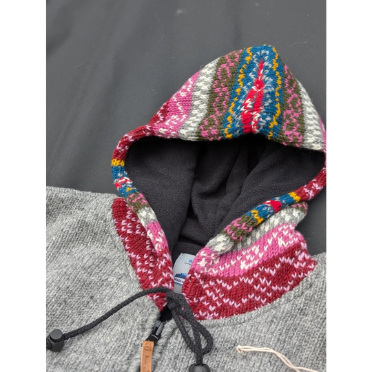 Colorful wave cardigan with multicolored knit hood, Zealand wool, fair trade