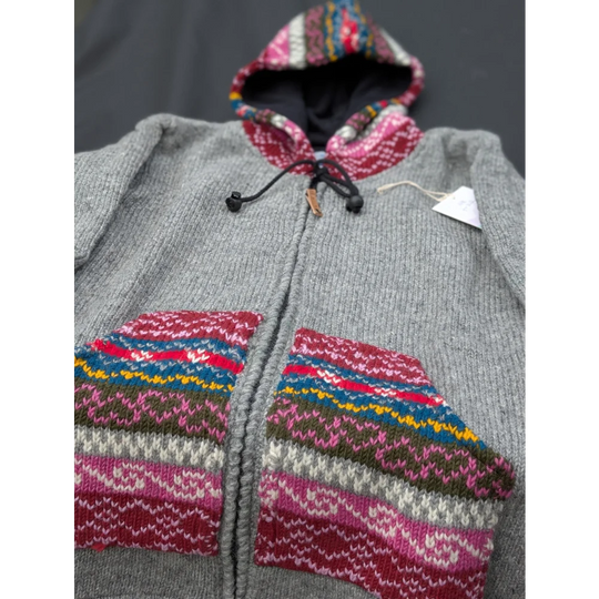 Colorful Fair Isle gray hooded wave cardigan in Zealand wool