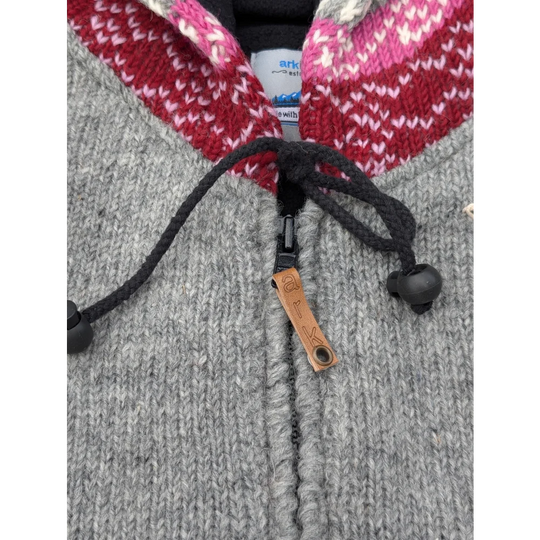 Gray and red fair isle wave cardigan in zealand wool with black drawstring