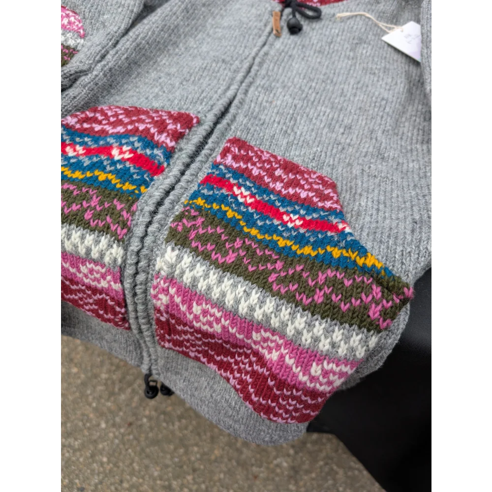 Gray fair isle wave cardigan in zealand wool, fair trade